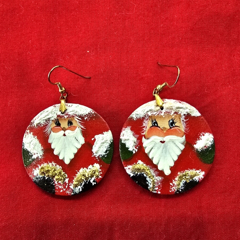 Vintage 1990s Handpainted Santa Claus Dangling Earrings